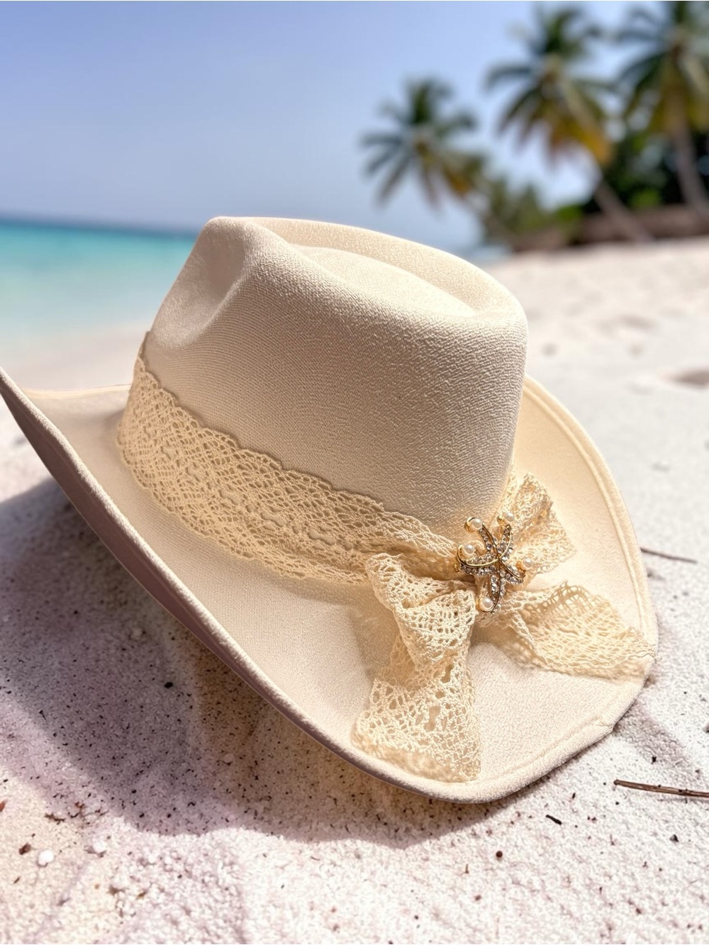 Coastal Cowgirl Custom Hat in Cream with Crochet Ribbon Bow & Starfish Brooch 🐚